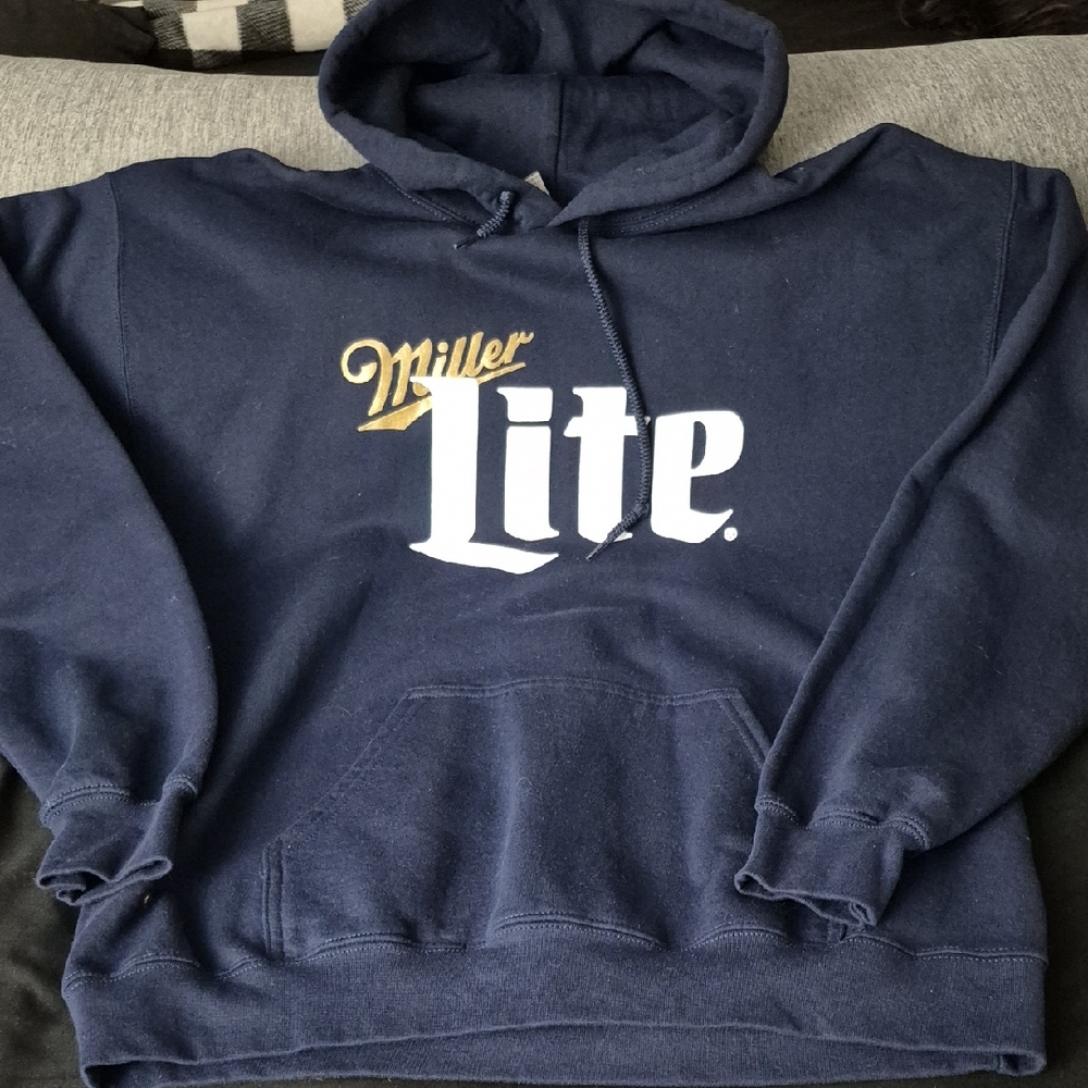 Gildan Navy Blue Hoodie with White and Gold Print